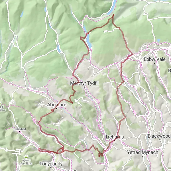 Map miniature of "The Valley Gravel Loop" cycling inspiration in West Wales and The Valleys, United Kingdom. Generated by Tarmacs.app cycling route planner