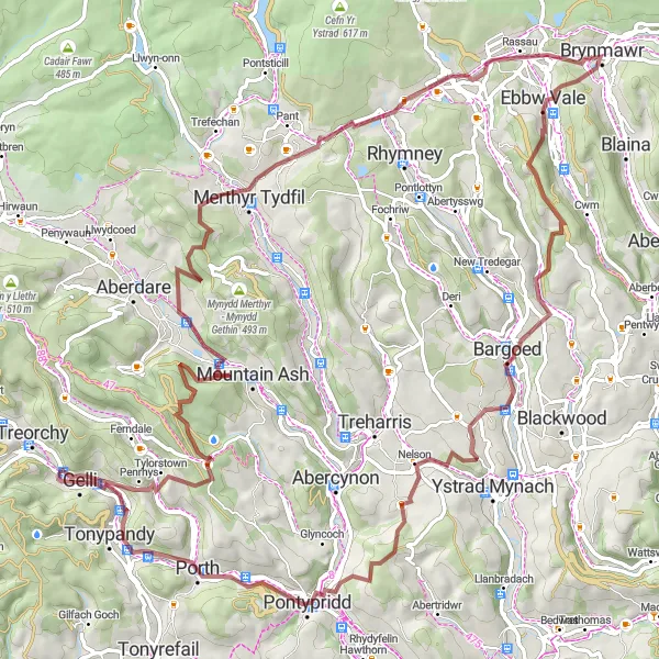 Map miniature of "The Ultimate Gravel Challenge" cycling inspiration in West Wales and The Valleys, United Kingdom. Generated by Tarmacs.app cycling route planner