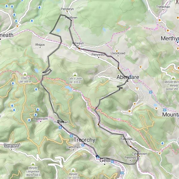 Map miniature of "Road to Treherbert" cycling inspiration in West Wales and The Valleys, United Kingdom. Generated by Tarmacs.app cycling route planner
