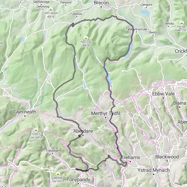 Map miniature of "Road Adventure to Llanwonno" cycling inspiration in West Wales and The Valleys, United Kingdom. Generated by Tarmacs.app cycling route planner