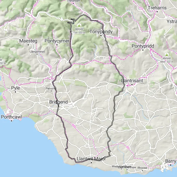 Map miniature of "Scenic Road Loop" cycling inspiration in West Wales and The Valleys, United Kingdom. Generated by Tarmacs.app cycling route planner