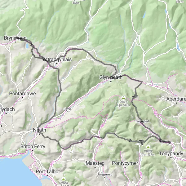 Map miniature of "Valley Road Adventure" cycling inspiration in West Wales and The Valleys, United Kingdom. Generated by Tarmacs.app cycling route planner