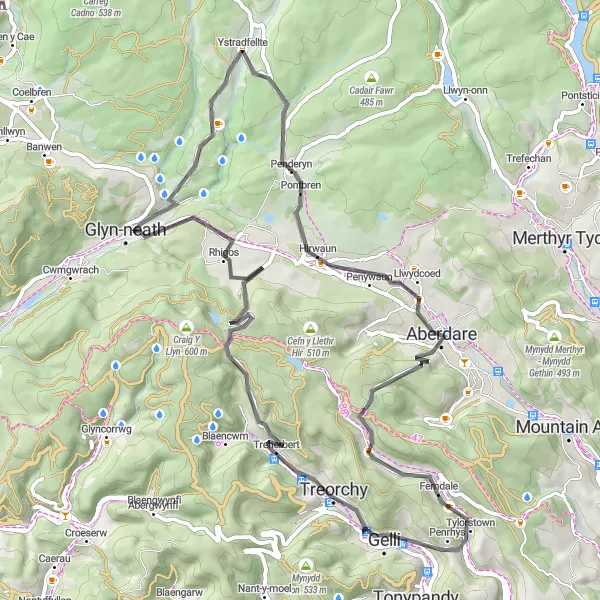 Map miniature of "Valleys Road Loop" cycling inspiration in West Wales and The Valleys, United Kingdom. Generated by Tarmacs.app cycling route planner