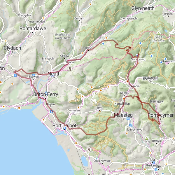 Map miniature of "Mountainous Gravel Adventure" cycling inspiration in West Wales and The Valleys, United Kingdom. Generated by Tarmacs.app cycling route planner