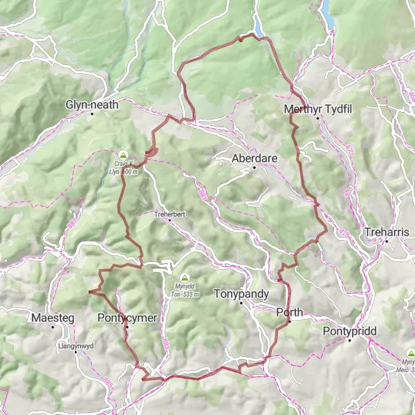 Map miniature of "Caerau and Waterfalls Gravel Loop" cycling inspiration in West Wales and The Valleys, United Kingdom. Generated by Tarmacs.app cycling route planner