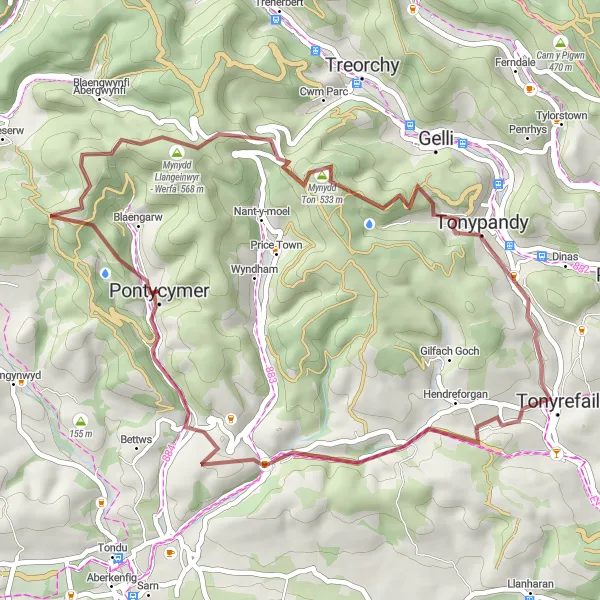 Map miniature of "Ton and Dinas Circular Gravel Route" cycling inspiration in West Wales and The Valleys, United Kingdom. Generated by Tarmacs.app cycling route planner