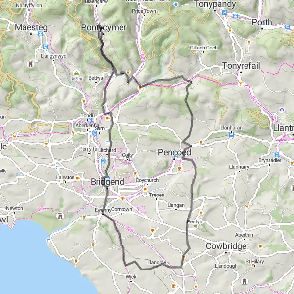 Map miniature of "Brynmenyn Circuit" cycling inspiration in West Wales and The Valleys, United Kingdom. Generated by Tarmacs.app cycling route planner