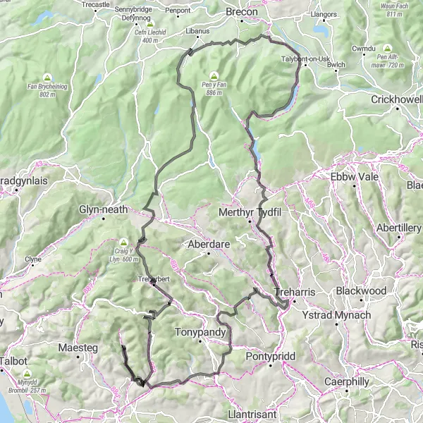 Map miniature of "The Valleys Hill Climbing Challenge" cycling inspiration in West Wales and The Valleys, United Kingdom. Generated by Tarmacs.app cycling route planner