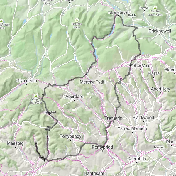 Map miniature of "Brecon Beacons Road Circuit" cycling inspiration in West Wales and The Valleys, United Kingdom. Generated by Tarmacs.app cycling route planner