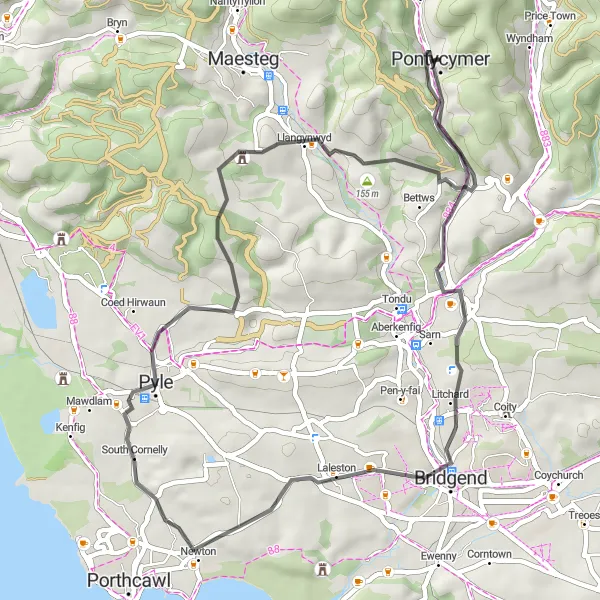 Map miniature of "Pontycymer Circuit" cycling inspiration in West Wales and The Valleys, United Kingdom. Generated by Tarmacs.app cycling route planner