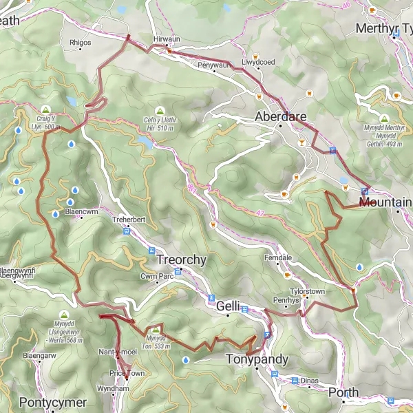 Map miniature of "The Valleys Gravel Adventure" cycling inspiration in West Wales and The Valleys, United Kingdom. Generated by Tarmacs.app cycling route planner