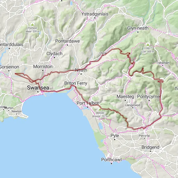 Map miniature of "Valleys Gravel Challenge" cycling inspiration in West Wales and The Valleys, United Kingdom. Generated by Tarmacs.app cycling route planner