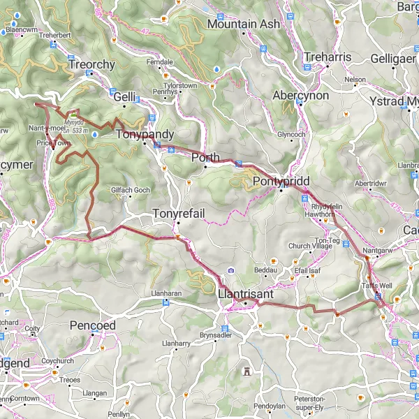 Map miniature of "Countryside Gravel Delight" cycling inspiration in West Wales and The Valleys, United Kingdom. Generated by Tarmacs.app cycling route planner