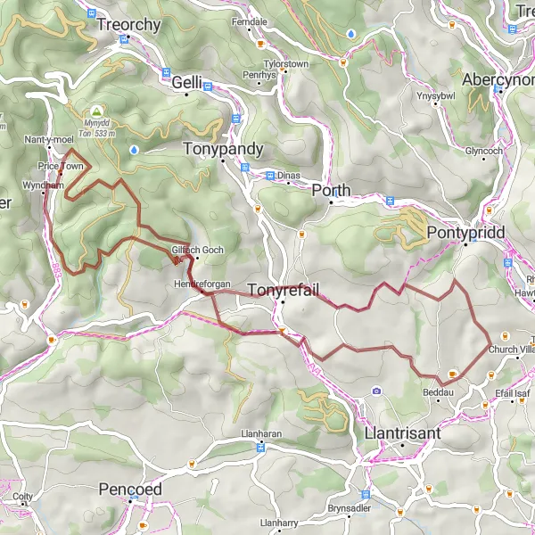 Map miniature of "Valleys and Villages Gravel Loop" cycling inspiration in West Wales and The Valleys, United Kingdom. Generated by Tarmacs.app cycling route planner