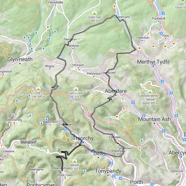 Map miniature of "Valleys Road Adventure" cycling inspiration in West Wales and The Valleys, United Kingdom. Generated by Tarmacs.app cycling route planner