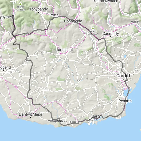 Map miniature of "Valleys Explorer" cycling inspiration in West Wales and The Valleys, United Kingdom. Generated by Tarmacs.app cycling route planner