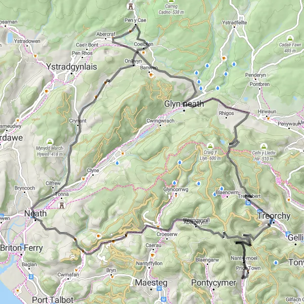 Map miniature of "The Climb-a-Hundred" cycling inspiration in West Wales and The Valleys, United Kingdom. Generated by Tarmacs.app cycling route planner
