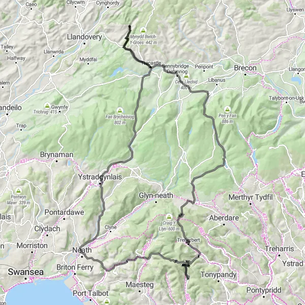 Map miniature of "Valleys and Castles Epic Ride" cycling inspiration in West Wales and The Valleys, United Kingdom. Generated by Tarmacs.app cycling route planner