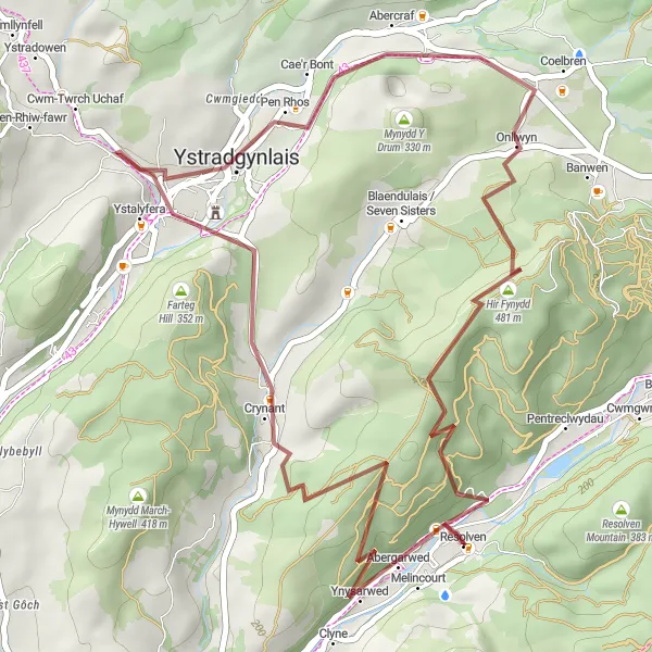 Map miniature of "Resolven to Onllwyn Gravel Loop" cycling inspiration in West Wales and The Valleys, United Kingdom. Generated by Tarmacs.app cycling route planner