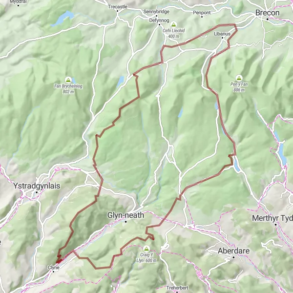 Map miniature of "Brecon Beacons Gravel Adventure" cycling inspiration in West Wales and The Valleys, United Kingdom. Generated by Tarmacs.app cycling route planner
