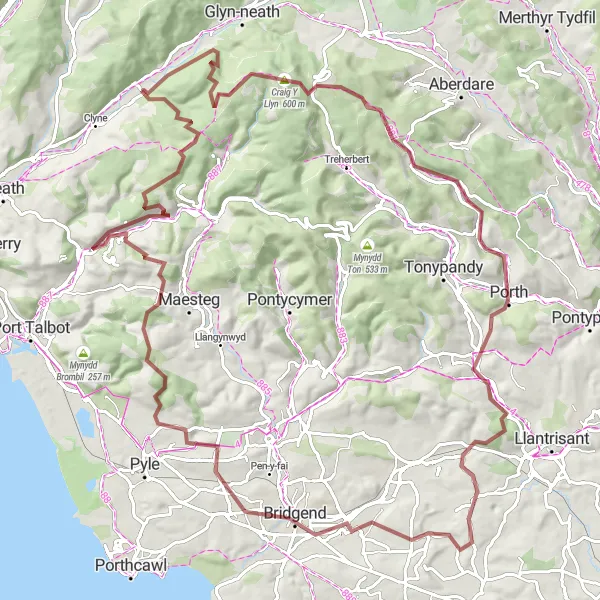 Map miniature of "Wild Gravel Adventure" cycling inspiration in West Wales and The Valleys, United Kingdom. Generated by Tarmacs.app cycling route planner