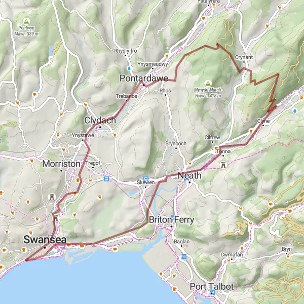 Map miniature of "Neath to Abergarwed Gravel Ride" cycling inspiration in West Wales and The Valleys, United Kingdom. Generated by Tarmacs.app cycling route planner