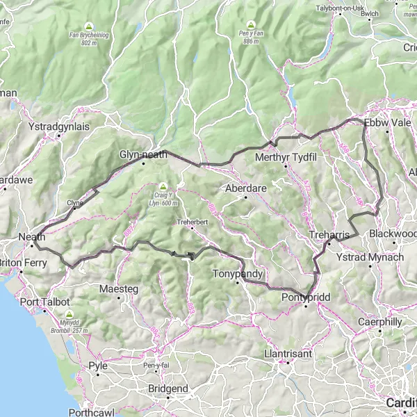 Map miniature of "Valley Views Road Loop" cycling inspiration in West Wales and The Valleys, United Kingdom. Generated by Tarmacs.app cycling route planner
