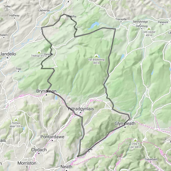 Map miniature of "Resolven to Coelbren Loop" cycling inspiration in West Wales and The Valleys, United Kingdom. Generated by Tarmacs.app cycling route planner