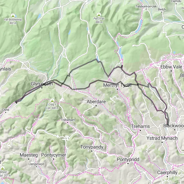 Map miniature of "Valleys and Summits Road Loop" cycling inspiration in West Wales and The Valleys, United Kingdom. Generated by Tarmacs.app cycling route planner