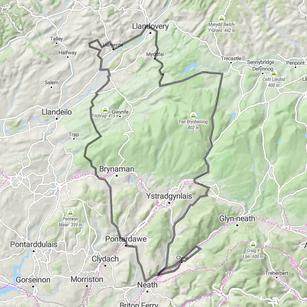 Map miniature of "Neath to Gwernwyddog Standing Stone Loop" cycling inspiration in West Wales and The Valleys, United Kingdom. Generated by Tarmacs.app cycling route planner