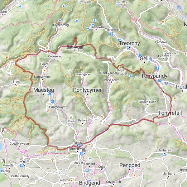 Map miniature of "Valleys and Hills of Blackmill" cycling inspiration in West Wales and The Valleys, United Kingdom. Generated by Tarmacs.app cycling route planner