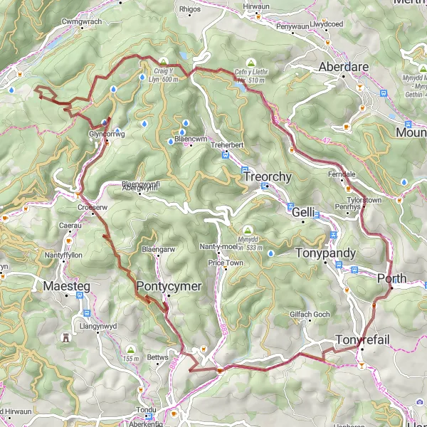 Map miniature of "Valleys Gravel Adventure" cycling inspiration in West Wales and The Valleys, United Kingdom. Generated by Tarmacs.app cycling route planner