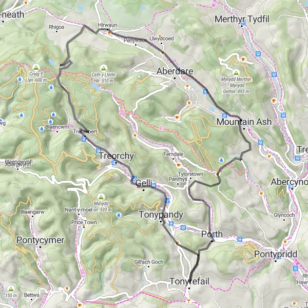 Map miniature of "Valleys and Summits Highlight" cycling inspiration in West Wales and The Valleys, United Kingdom. Generated by Tarmacs.app cycling route planner