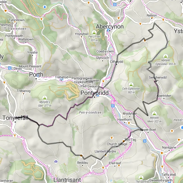 Map miniature of "Tonyrefail Loop" cycling inspiration in West Wales and The Valleys, United Kingdom. Generated by Tarmacs.app cycling route planner