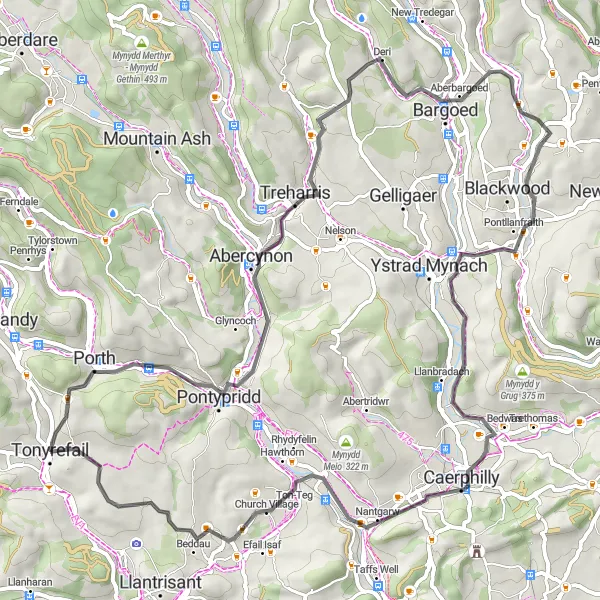 Map miniature of "Exploring Valleys and Villages" cycling inspiration in West Wales and The Valleys, United Kingdom. Generated by Tarmacs.app cycling route planner