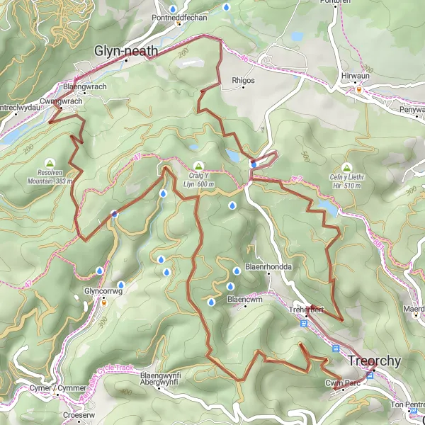 Map miniature of "Gravel Valley Loop" cycling inspiration in West Wales and The Valleys, United Kingdom. Generated by Tarmacs.app cycling route planner