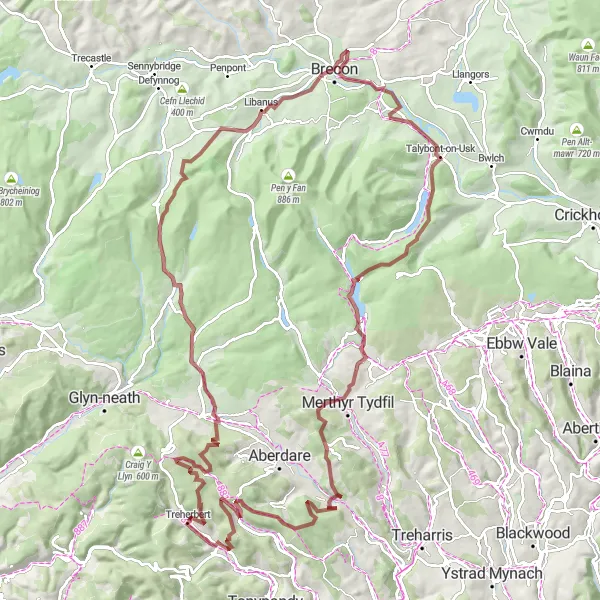 Map miniature of "Valleys Voyage" cycling inspiration in West Wales and The Valleys, United Kingdom. Generated by Tarmacs.app cycling route planner