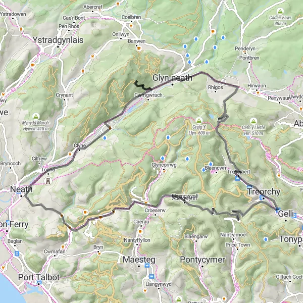 Map miniature of "Valley Explorer" cycling inspiration in West Wales and The Valleys, United Kingdom. Generated by Tarmacs.app cycling route planner