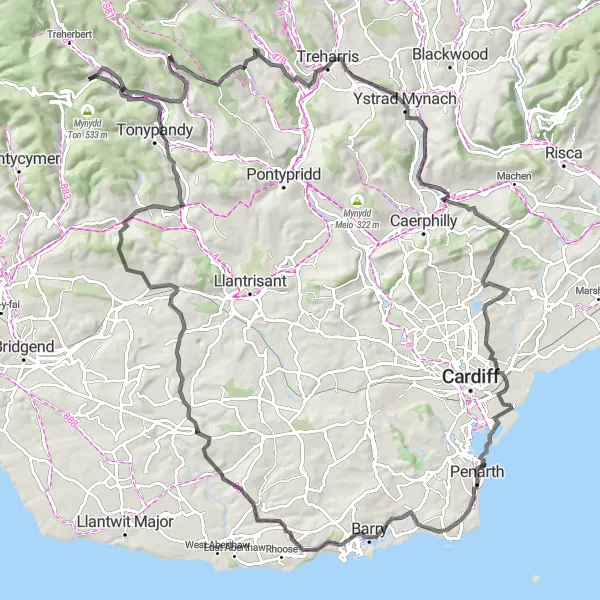 Map miniature of "Around The Valleys" cycling inspiration in West Wales and The Valleys, United Kingdom. Generated by Tarmacs.app cycling route planner