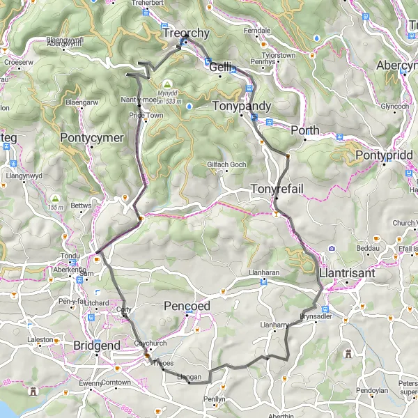 Map miniature of "Valleys Loop" cycling inspiration in West Wales and The Valleys, United Kingdom. Generated by Tarmacs.app cycling route planner
