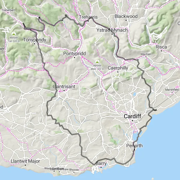Map miniature of "Valleys Adventure" cycling inspiration in West Wales and The Valleys, United Kingdom. Generated by Tarmacs.app cycling route planner