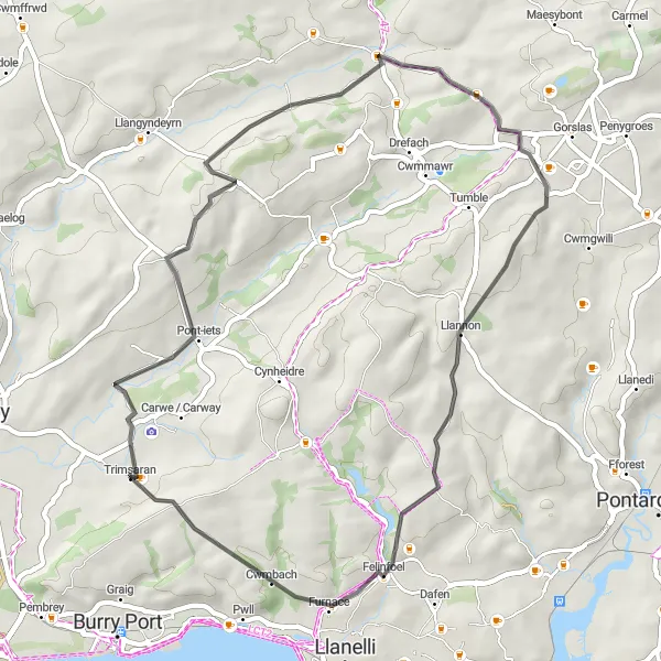Map miniature of "Pontyates and Llannon" cycling inspiration in West Wales and The Valleys, United Kingdom. Generated by Tarmacs.app cycling route planner