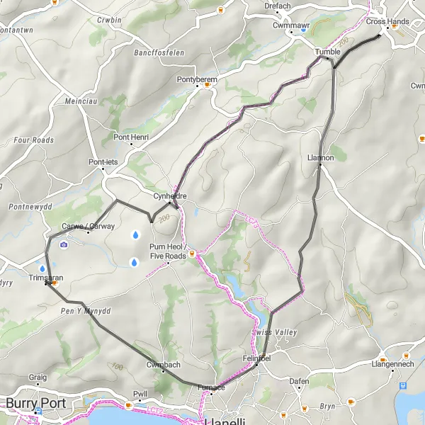 Map miniature of "Tumble and Cwmbach" cycling inspiration in West Wales and The Valleys, United Kingdom. Generated by Tarmacs.app cycling route planner