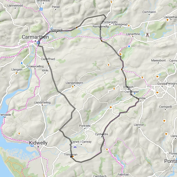 Map miniature of "Carmarthen Loop" cycling inspiration in West Wales and The Valleys, United Kingdom. Generated by Tarmacs.app cycling route planner