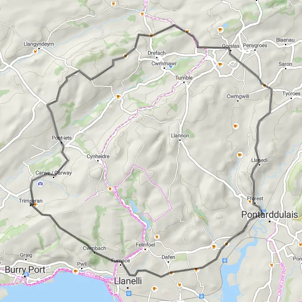 Map miniature of "Gorslas Circuit" cycling inspiration in West Wales and The Valleys, United Kingdom. Generated by Tarmacs.app cycling route planner
