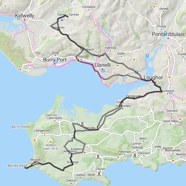 Map miniature of "Coastal Adventure" cycling inspiration in West Wales and The Valleys, United Kingdom. Generated by Tarmacs.app cycling route planner