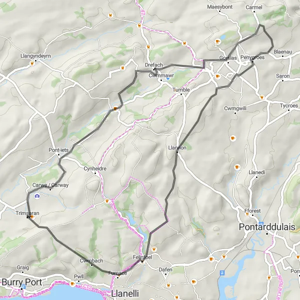 Map miniature of "Pontyberem and Cross Hands" cycling inspiration in West Wales and The Valleys, United Kingdom. Generated by Tarmacs.app cycling route planner