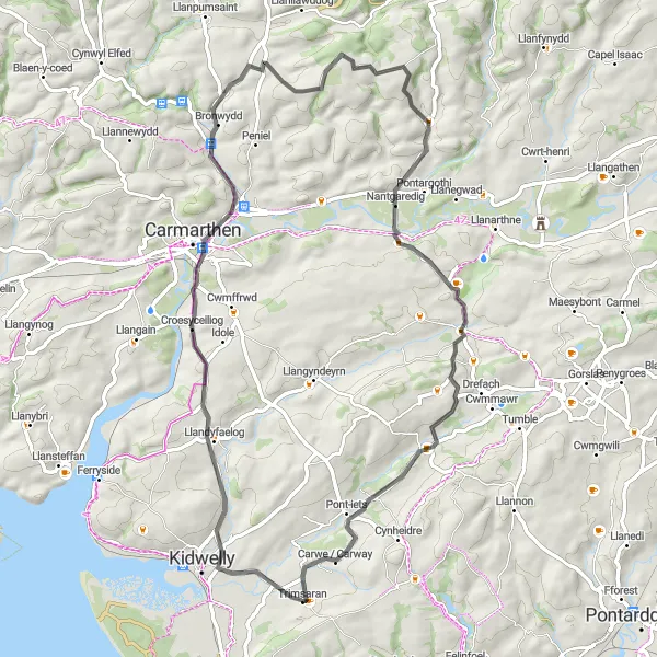 Map miniature of "Llandyfaelog and Nantgaredig" cycling inspiration in West Wales and The Valleys, United Kingdom. Generated by Tarmacs.app cycling route planner