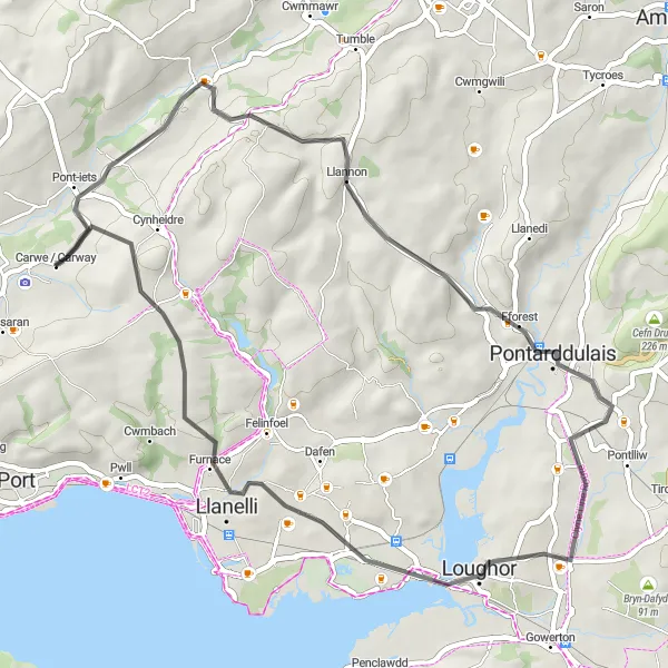Map miniature of "Llannon Loop" cycling inspiration in West Wales and The Valleys, United Kingdom. Generated by Tarmacs.app cycling route planner