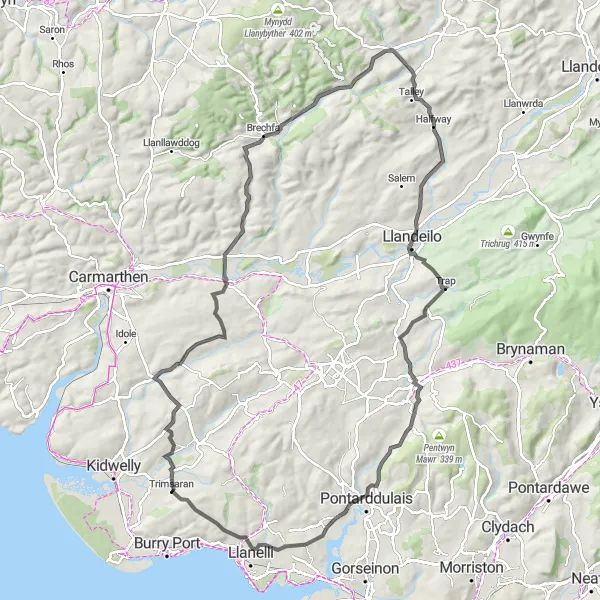 Map miniature of "Llangyndeyrn Loop" cycling inspiration in West Wales and The Valleys, United Kingdom. Generated by Tarmacs.app cycling route planner